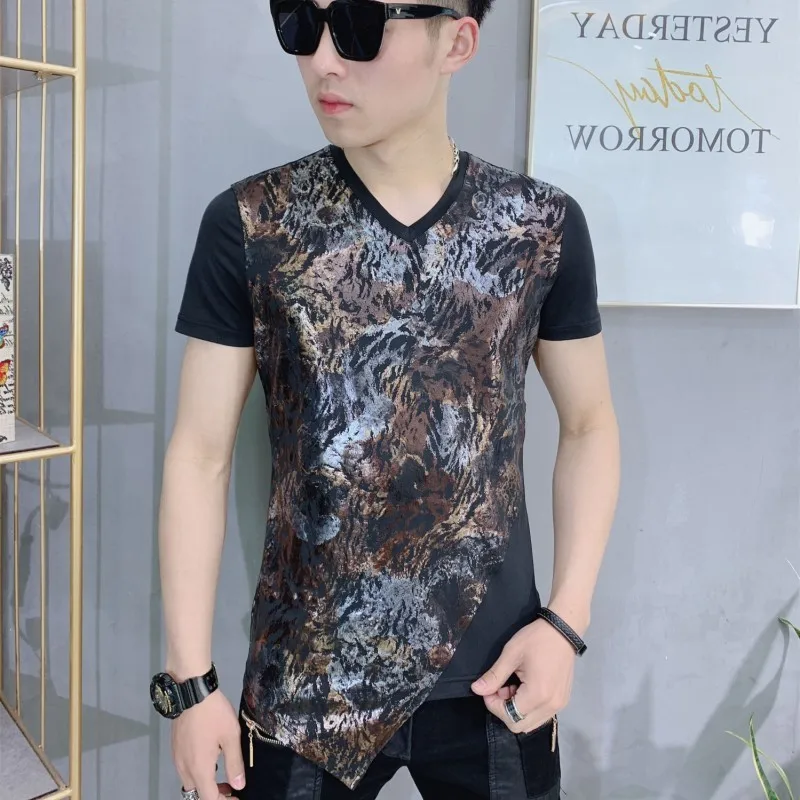 Spring 2020 new mens V-neck Hip Hop Leather T-shirt tide male short-sleeved shirts skinny Fashion stitching T Shirt