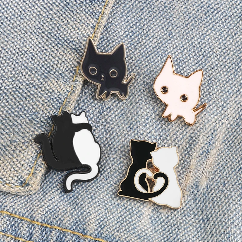 Cute Animal Cats Brooch Cartoon Black And White Cat Enamel Pins Custom Denim Backpack Lapel Pin Jewelry Gifts For Couple Friends