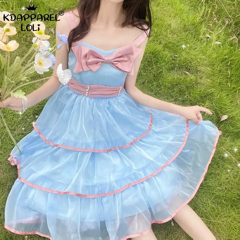 Vestido japonês macio para meninas lolita jsk doce para mulheres cintura alta com babados em camadas sem mangas alças midi comprimento para festa verão