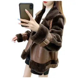 2023 Autumn Winter New Jacket  Women's Lamb Leather One Coat Temperament Overcoat PU Ladies Outwear Square Collar Tops