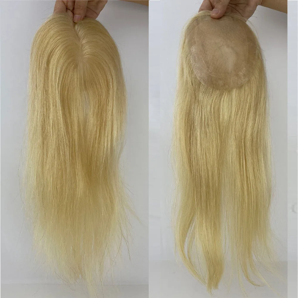 16inch #613 Blonde Skin Base Women Toupee 5X5inch Russian Human Hair Topper with PU Around or 4 Clips Hairpiece Silk Top Closure