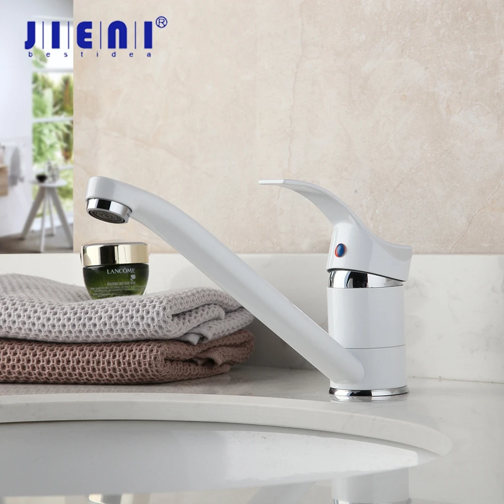 JIENI Matte White Bathroom Faucet Kitchen Bathroom Mixer Tap Faucet Deck Mounted Single Handle Hot and Cold Taps