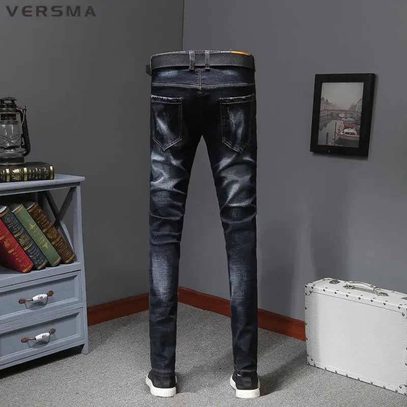 VERSMA Vintage Embroiderey Ripped Denim Biker Jeans Pants Male Slim Fit Straight Jogger Stretch Skinny Jeans Trousers Men Women