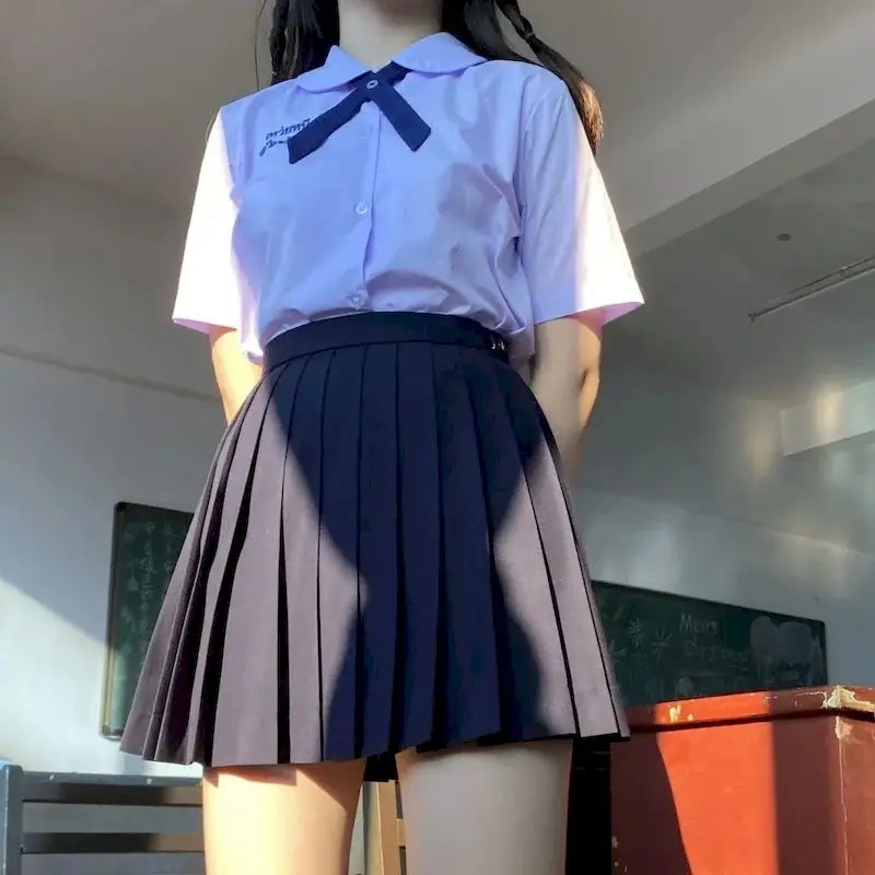 Uniforme escolar tailandés suelto Jk, camisa de manga corta con cuello redondo, Falda plisada, trajes de 2 piezas, trajes de clase de rendimiento universitario