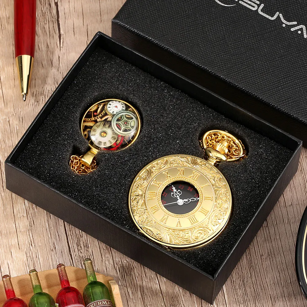 Luxury Gold Pocket Watch Set with Box Mens Roman Numeral Dial Watch Quartz Clock Ladies Necklace with Accessories Birthday Gifts