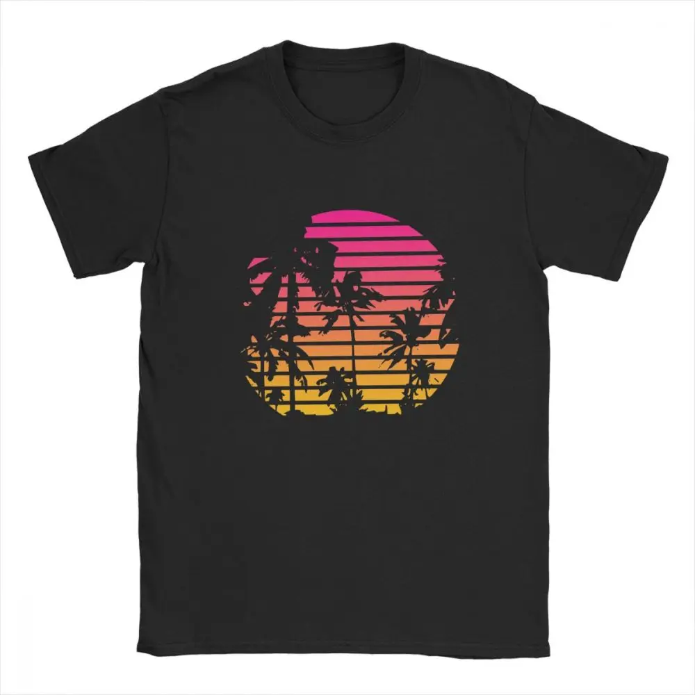 Sunset Palm Tree Vintage Tee Shirt 80s Synthwave Clothes Vaporwave T Shirt Men\'s T-Shirts Japanese Colors Streetwear