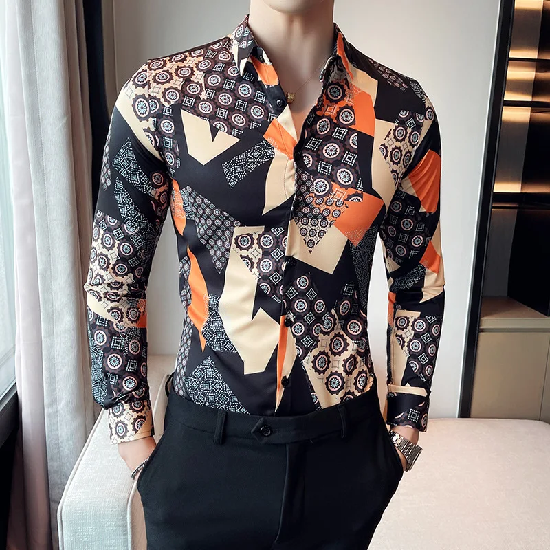 Luxury Retro Print Men\'s Shirt Fashion Slim Fit Long Sleeve Casual Shirt Male Business Formal Dress Shirts Social Tuxedo Blouse