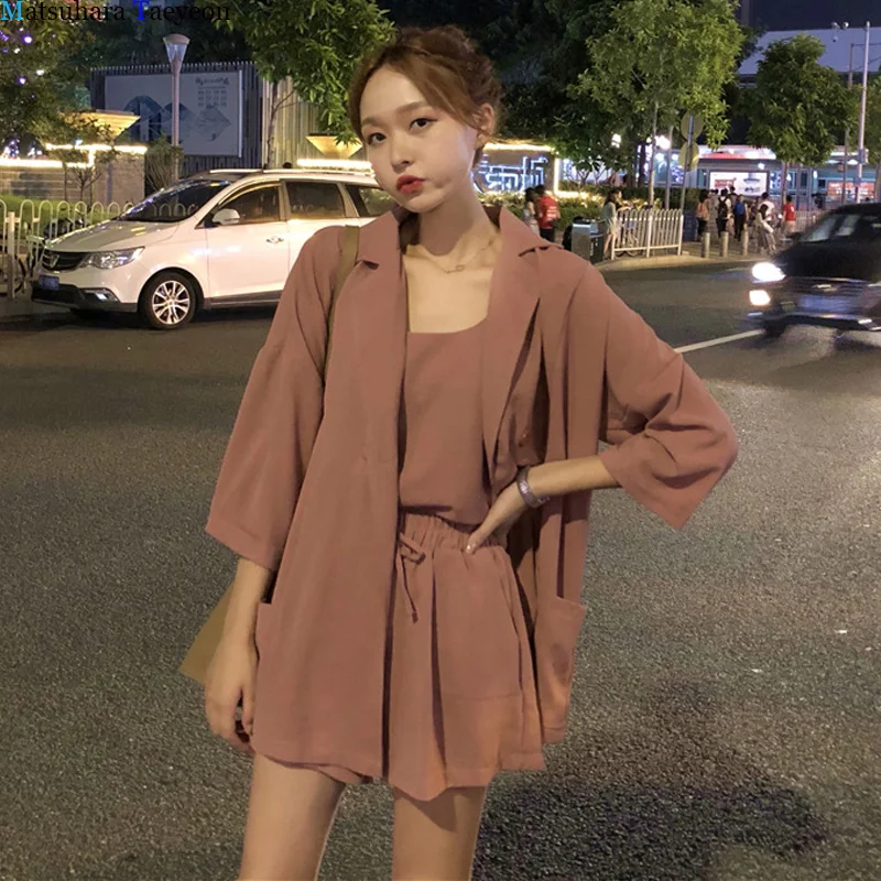 Suit Women Version New Solid Color Sling Loose Suit High Waist Shorts Three Piece Set Fashion Korean Style Wear New