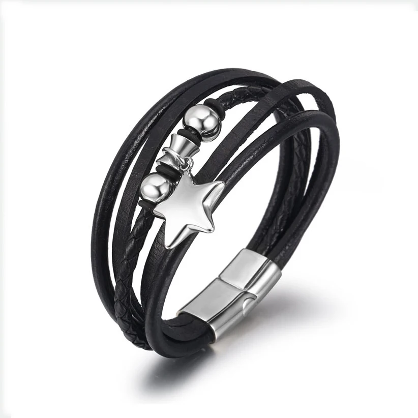 2021 New Style Hand-Woven Multi-Layer Combination Accessory Stainless Steel Men's Leather Bracelet Fashion Male Jewelry Wholesal