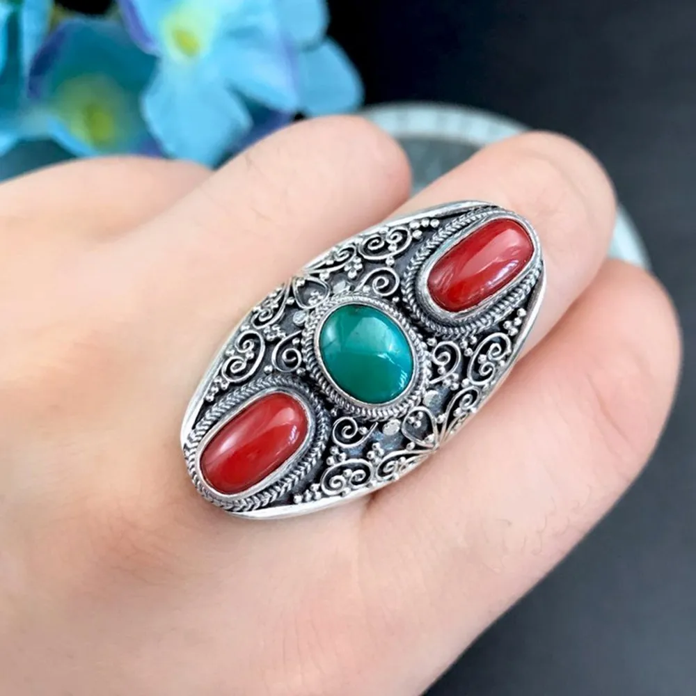 

2020 new Nepal handmade s925 pure silver woman ring natural turquoise organic gemstone Tibetan ring for men and women