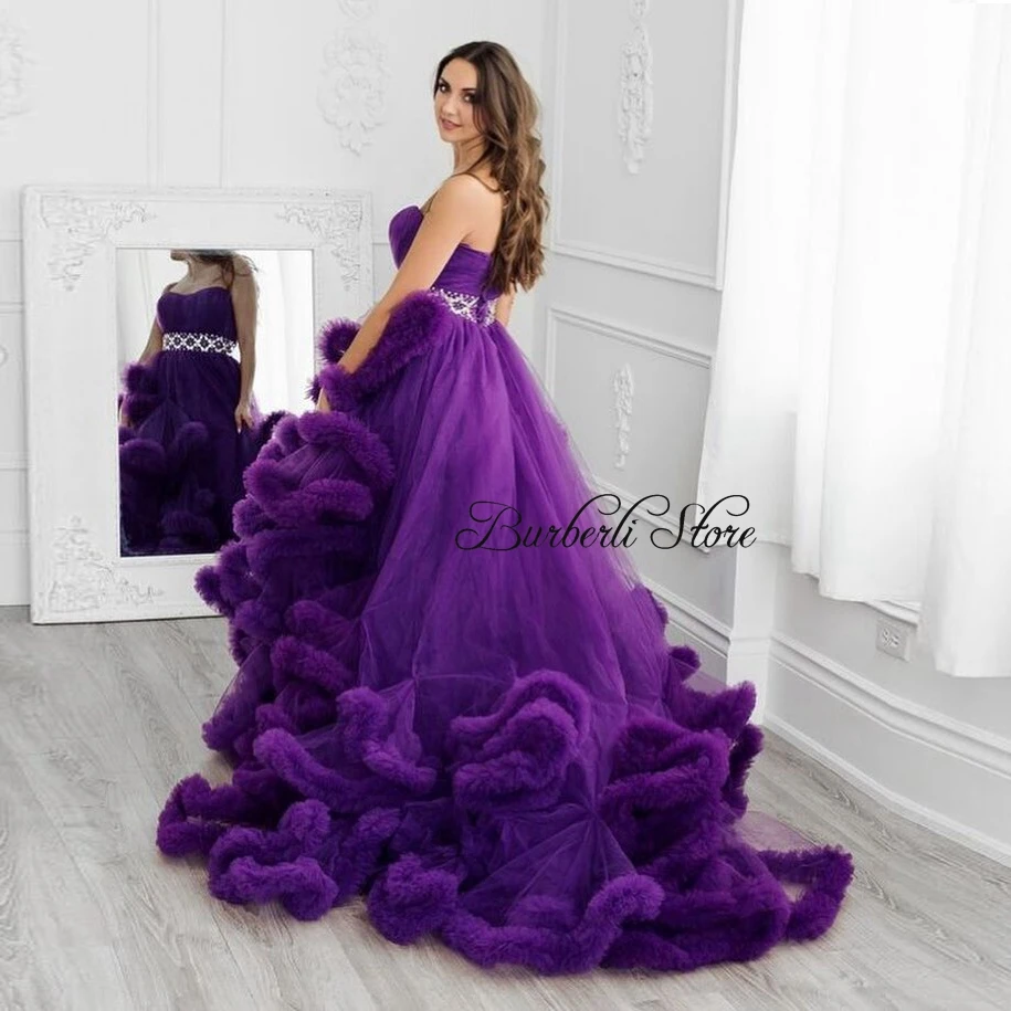 Luxury Strapless Purple Tulle Ruffles Prom Gowns Lush Mesh Maternity Dresses Long Robe Photography Puffy Bridal Dress Plus Size