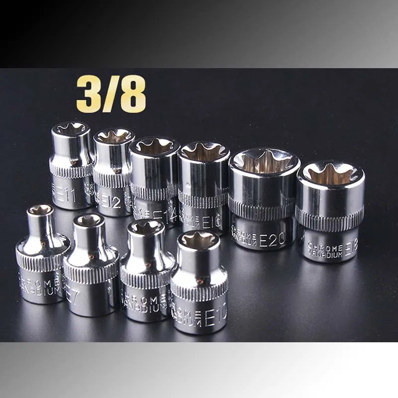 12 SZTUK 3/8 "Torx Star Socket Set Femal E Type Socket Klucz nasadowy E4 E5 E6 E7 E8 E10 E11 E12 E14 E16 E18 E20 Automatyczny klucz ręczny