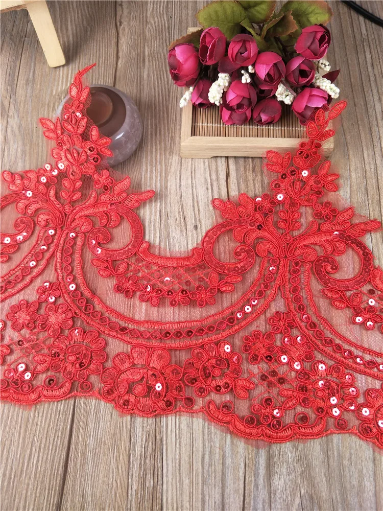 1Yard Ivory white Red Sequin Cording Fabric Flower Venise Venice Mesh Lace Trim Applique Sewing Craft for Wedding Dec. 20cm