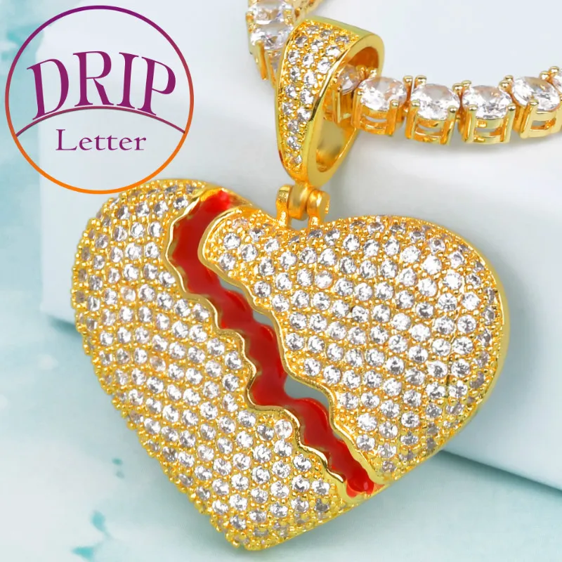 Drip Letter Broken Heart Pendant Necklace for Men Hip Hop Rock Street Real Gold Plated Fashion Jewelry