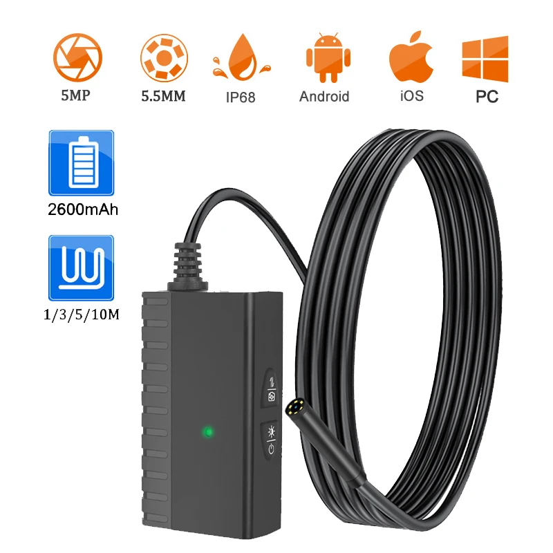 

5.5MM 5MP Wireless Borescope Endoscope Semi-Rigid Snake Inspection Camera Built-in 2600mAh Chargeable Battery For IOS & Android