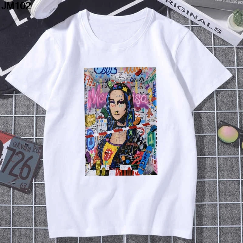 Funny Art Graffiti Mona Lisa Printed Ladies T-shirt Summer Harajuku Women\'s Short Sleeve T shirt Fashion Streetwear White Tshirt