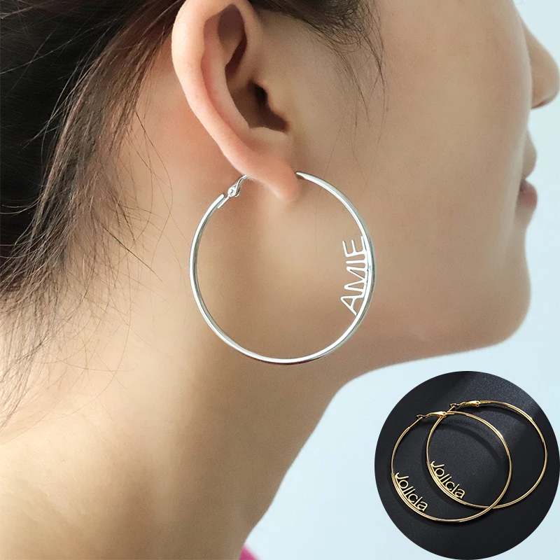 Brief Fashion Large Name Hoop Earings Personalized Name Letter Earings For Women Custom Name Cricle Earrings girl Party Jewelry