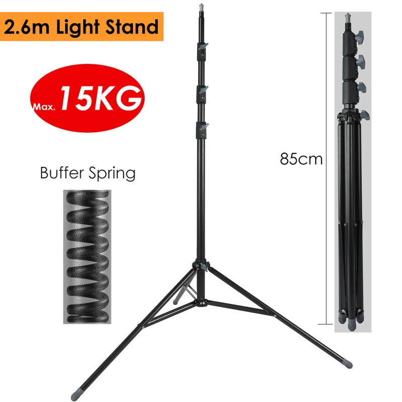 

2.6m/102.36" Heavy Duty Light Stand Max Load 15KG w/ Buffer Spring Protection Steel Metal Photography Tripod for Video LED Lamp