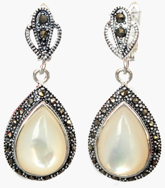 unique lady\'s 925 Silver Natural White Sea Shell Marcasite Waterdrop Earrings 11/2\