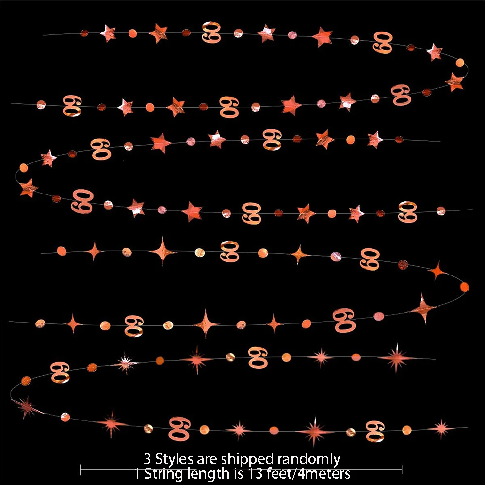 Banderines de decoración de feliz cumpleaños, guirnalda de estrellas de punto circular con número 60, serpentinas colgantes, suministros de fiesta