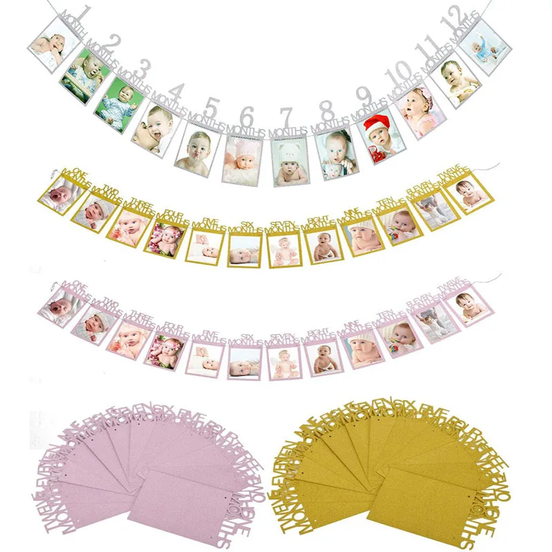 Boy girl 1st Birthday 12 Month Photo frame banner garland flags baby shower Photo Bunting one First Birthday Party Decorations