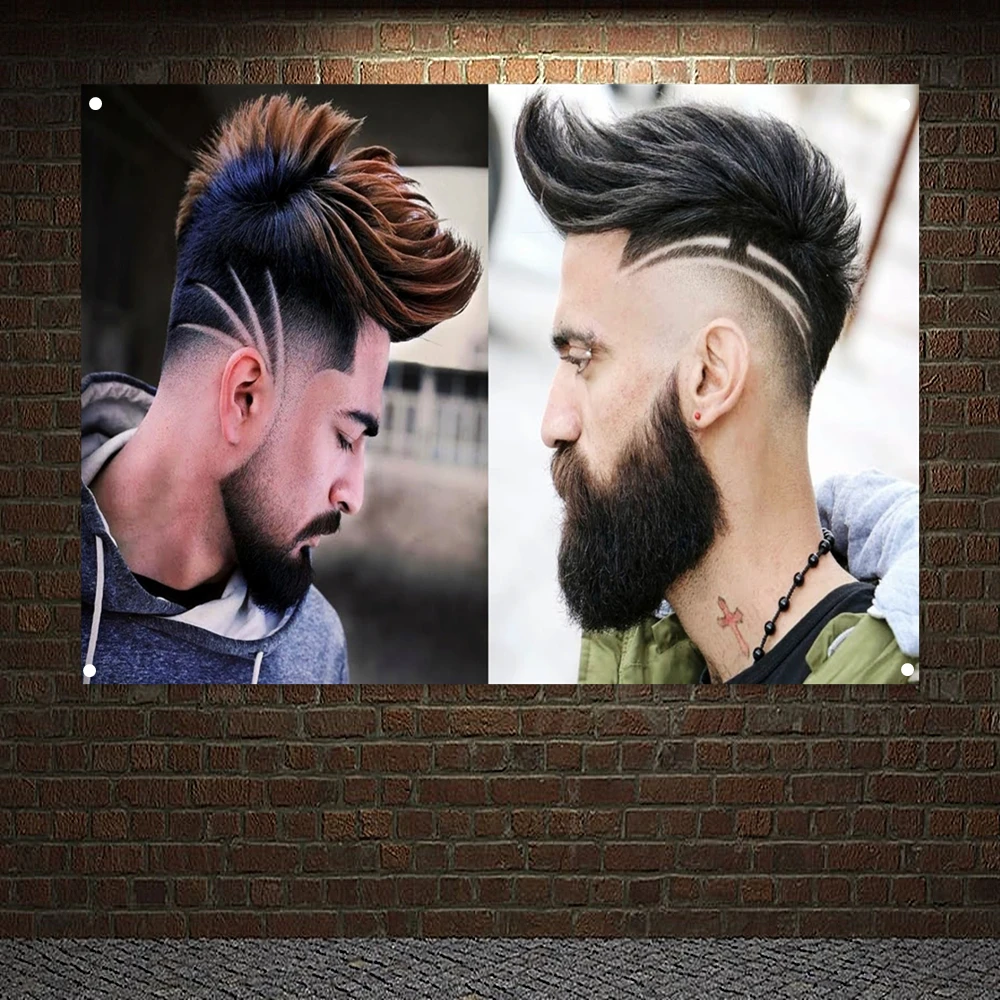 

Elegant Haircuts for Men Posters Sculpt Hair Wallpaper Men Striped Short Hairstyle Banner Flag Wall Art Mural Barber Shop Decor