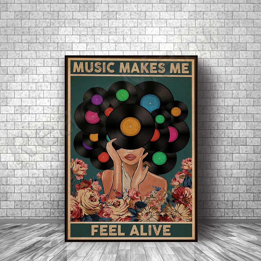 

Music makes me feel alive poster, love music poster prints, black girl art, gift for music lovers, vintage vinyl music poster