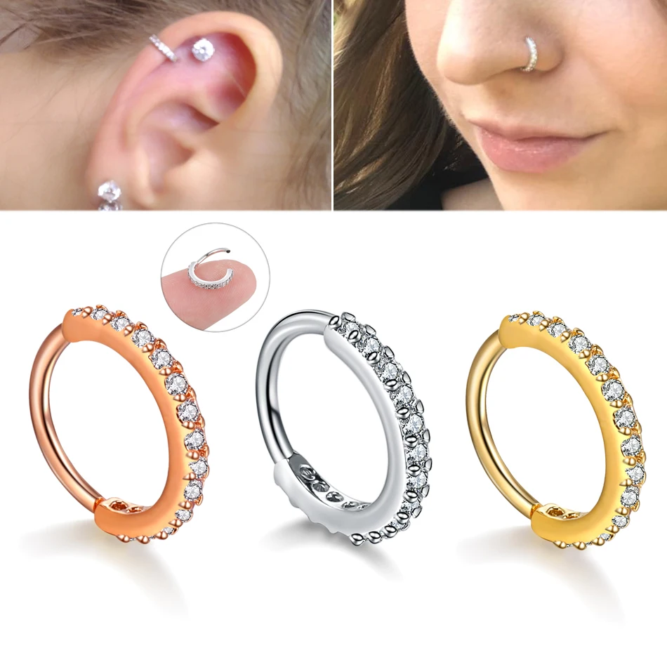 20pcs Crystal Earrings Nose Ring Ear Tragus Cartilage Hoop Copper Rose Gold Color Nail Personality Simple Small Circle  Women