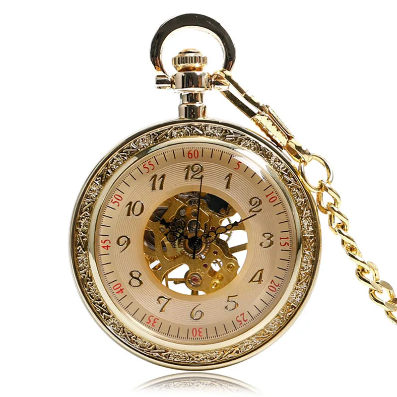 Luxury Unisex Handwinding Mechanical Pocket Watch Manually Skeleton Clock Arabic Number Dial Golden Pendant Chain