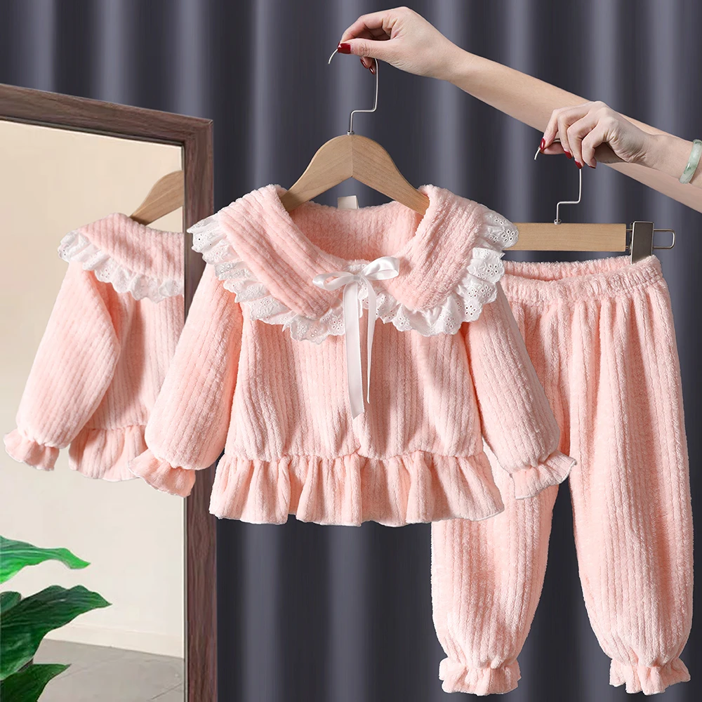 Toddler Girl Pajama Set Autumn Winter Soft Flannel Lace Peter Pan Collar Warm Sleepwear 2-Piece Suit