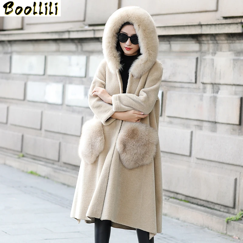 

Natural Fur Boollili Coat Women 100% Wool Jacket Women Clothes 2023 Fox Fur Hood Parka Real Fur Winter Coat Women