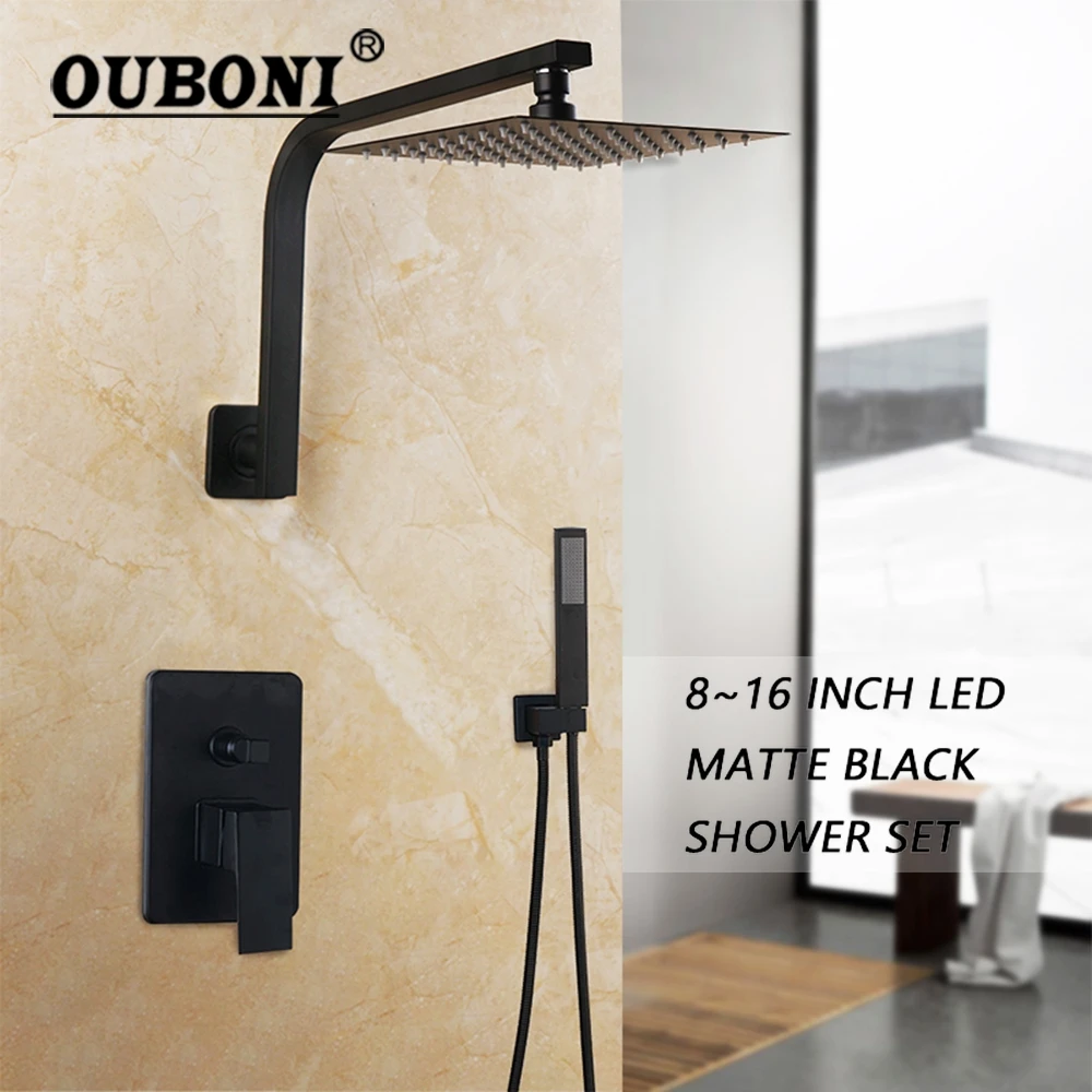 

OUBONI 8/16 Inch Matte Black Bathroom Rainfall Shower Set Wall Mounted Swan Ultra-thin LED Shower Head & Hand Shower Set Faucet