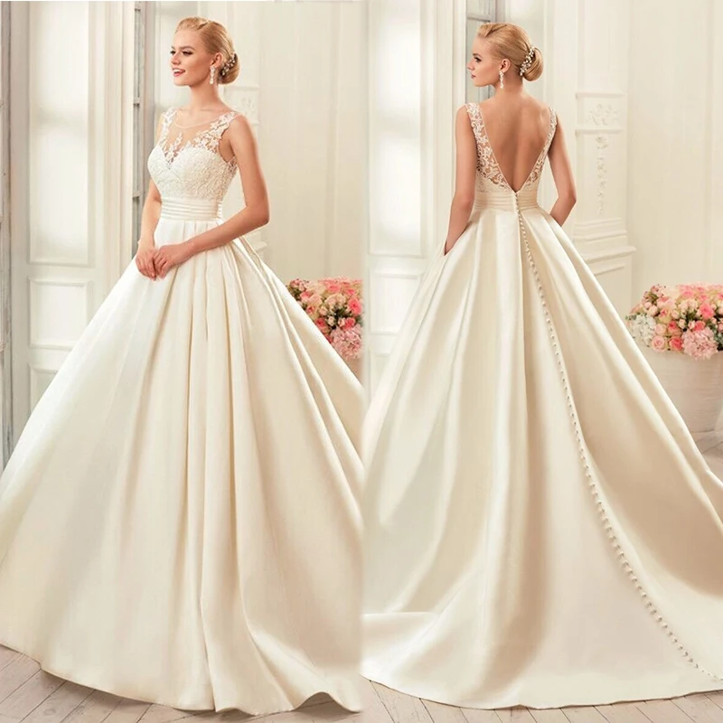 Classic Bride Lace Wedding Dresses Long Sweet Elegant Floor Length Applique Sexy Belt Embroidery Open Back Wedding Dresses