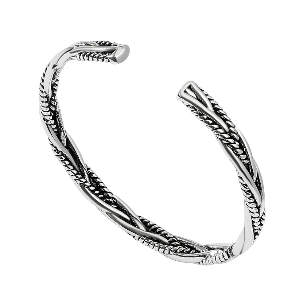 Vintage Trendy Silver Color Open Cuff Bracelet Viking Bangle Unique Twisted Woven Bracelet Simple Mens Wristband Jewelry Gift