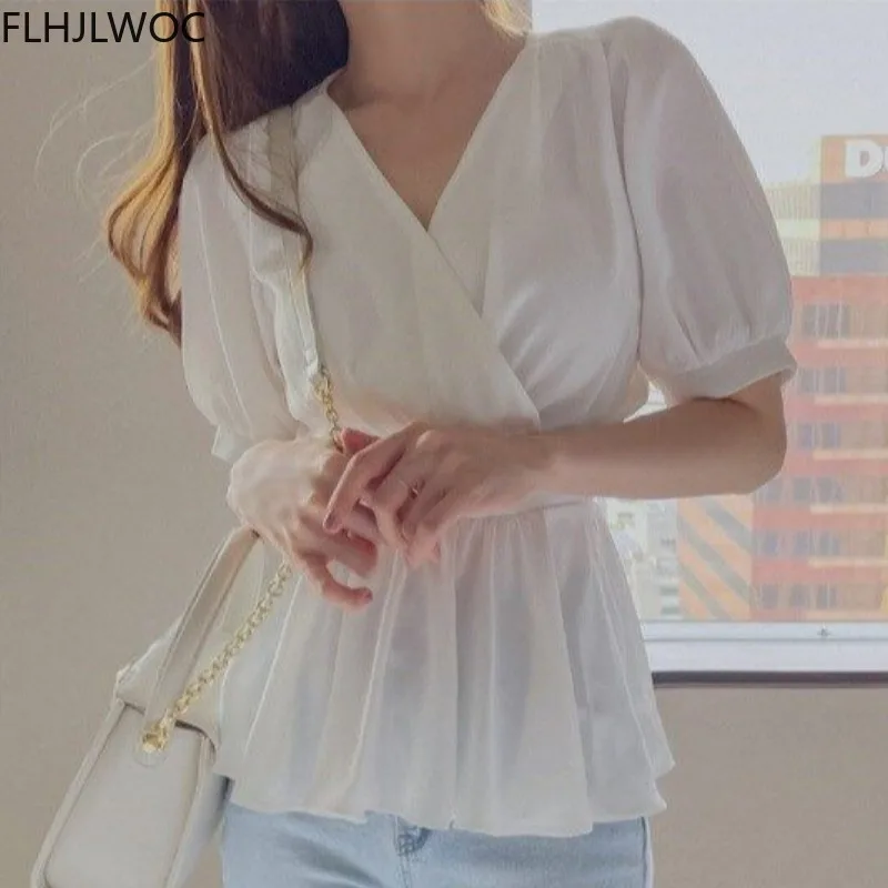 Korea Chic Tops Blusas Women Fashion Flhjlwoc Slim Belly Peplum Design Ruffled V Neck Peplum Solid Black White Blouse