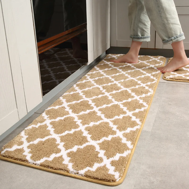 High-quality Thicken Kitchen Rug Lattice Plush Washable Long Carpets Non-slip Bathroom Mat Door Mat