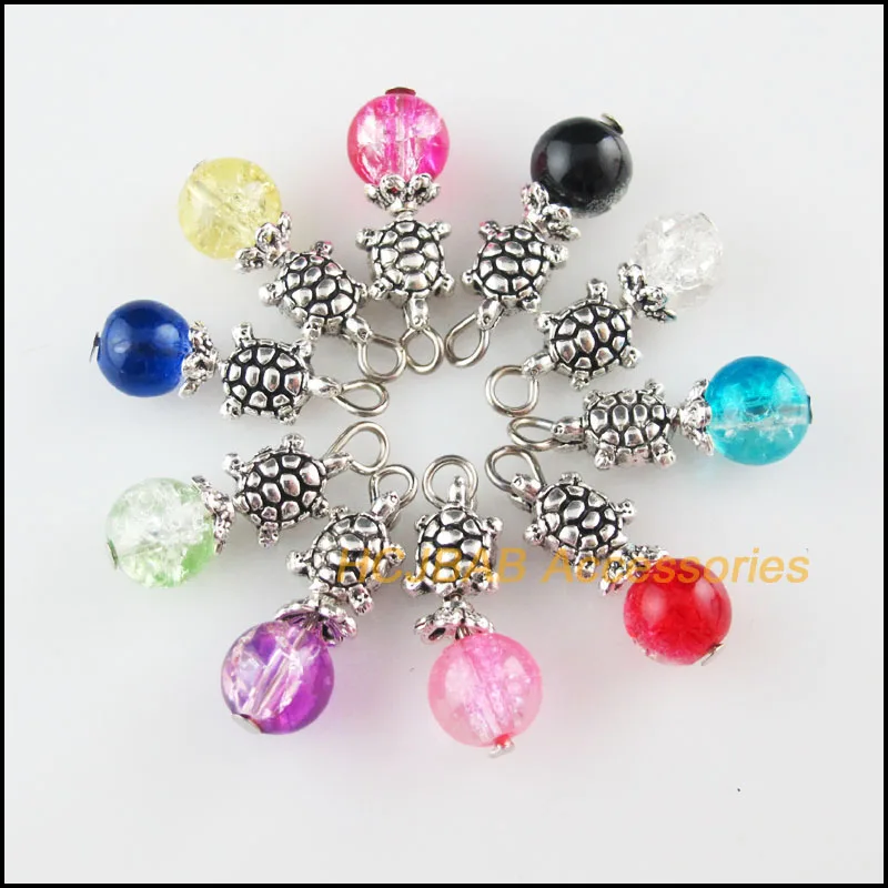

20Pcs Tibetan Silver Tone Animal Tortoise Mixed Round Glass Beads Charms Pendants 8x23mm