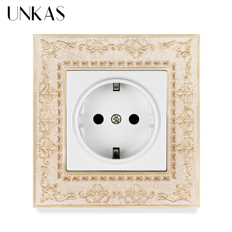 

UNKAS EU Wall Power Socket 16A Russia Spain Grey 4D Embossing Panel Retro Zinc Alloy Gray Outlet