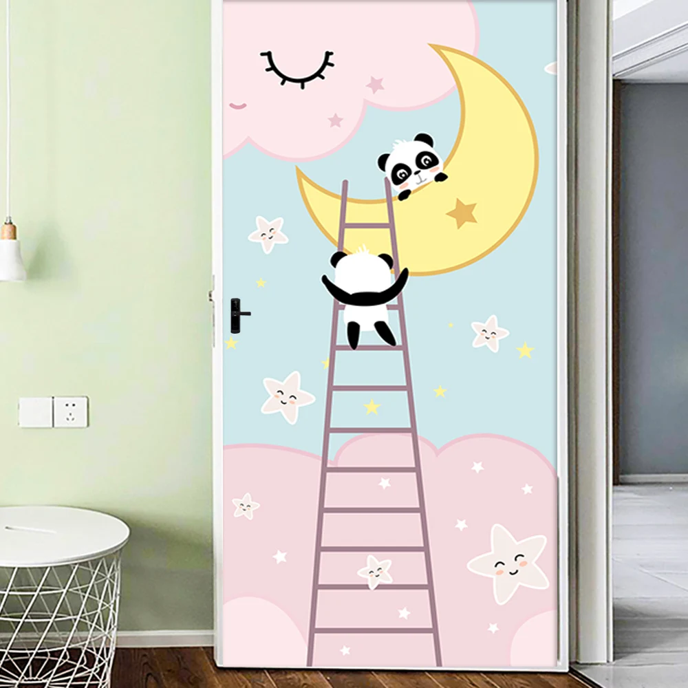 DIY Cartoon Little Bear Climbing Stairs PVC Self-adhesive Waterproof Door Stickers Living Room bedroom Door Decor Decal Sticker