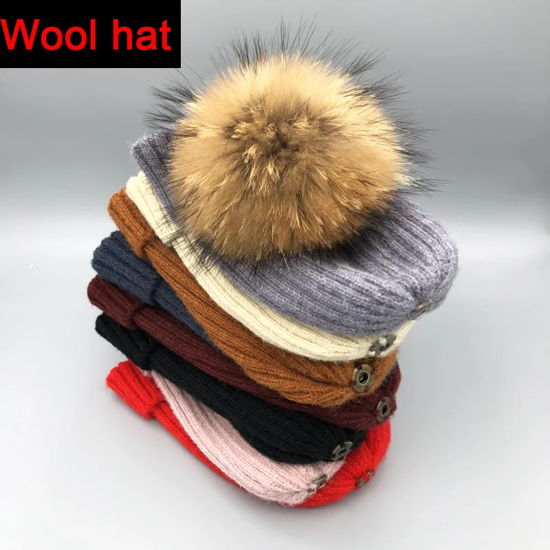 

2021 New wool winter hat luxury quality Fox fur pompom hats beanie High quality Girls women bonnet winter hats for women