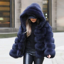 Winter Thick Warm Faux Fur Coat Women Plus Size 6XL Hooded Long Sleeve Faux Fox Fur Jacket Luxury Winter Fur Coats