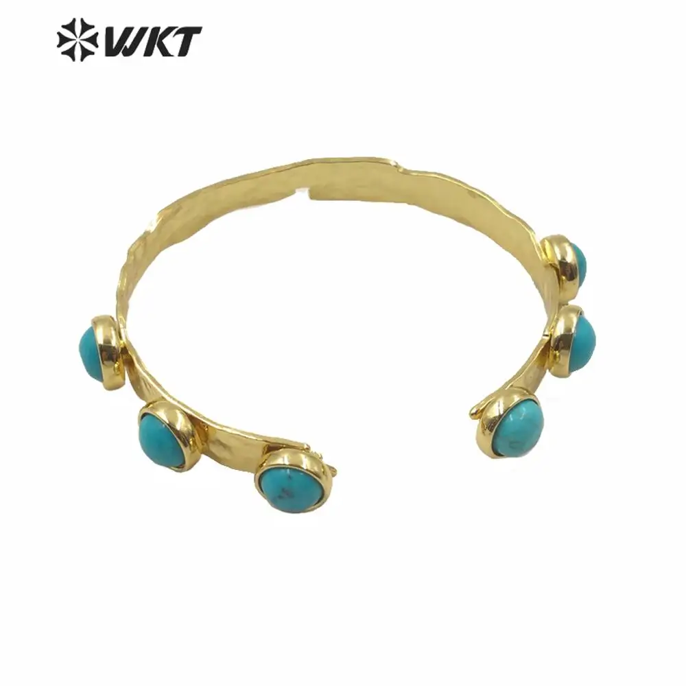 WT-B552 Charming Natural Green Stone Bangle With Gold Eletroplated Adjustable Cuff Bangle Stone Beads Bangle Fashion