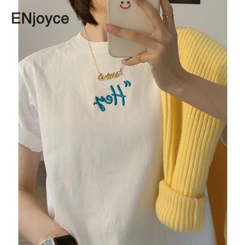 2024 Summer Women Letters Printed  White All Cotton T-Shirts Female Korean Fashion Streetwear Short Sleeve Tops Pullover