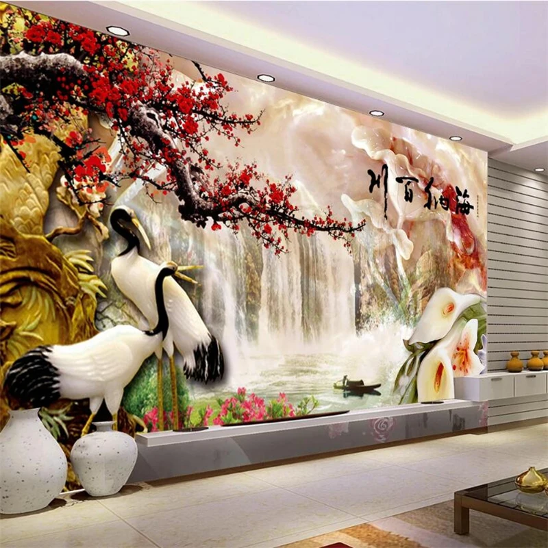 

Customized 3D Wallpaper Jade Carving Landscape Plum Blossom Crane Sea Inner Rivers Mural TV Background Wall Decoration Painting