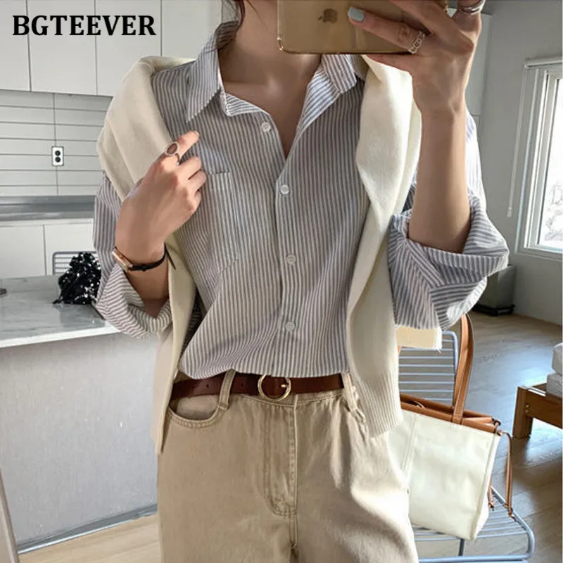 BGTEEVER Vintage Ladies Striped Women bluzki skręcić w dół kołnierz z długim rękawem luźne koszule damskie Casual topy Femme 2021 wiosna