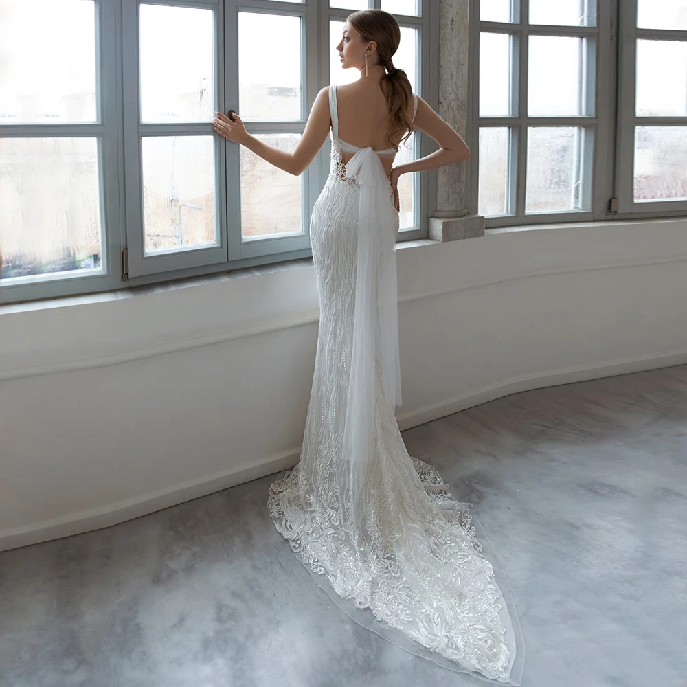 Weilinsha Exquisite Meerjungfrau Hochzeit Kleid mit Pailletten Spitze Quadratischen Ausschnitt Ärmellose Brautkleider Gericht Zug Robe De Mariée