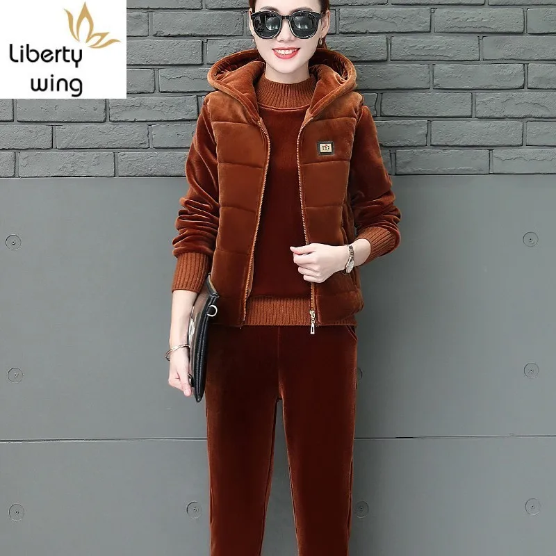 

Autumn Winter 3 Piece Women Velvet Sets High Street Thicken Casual Sport Lady Set Vest+Sweatshirt Top+Trousers Pants Female Suit