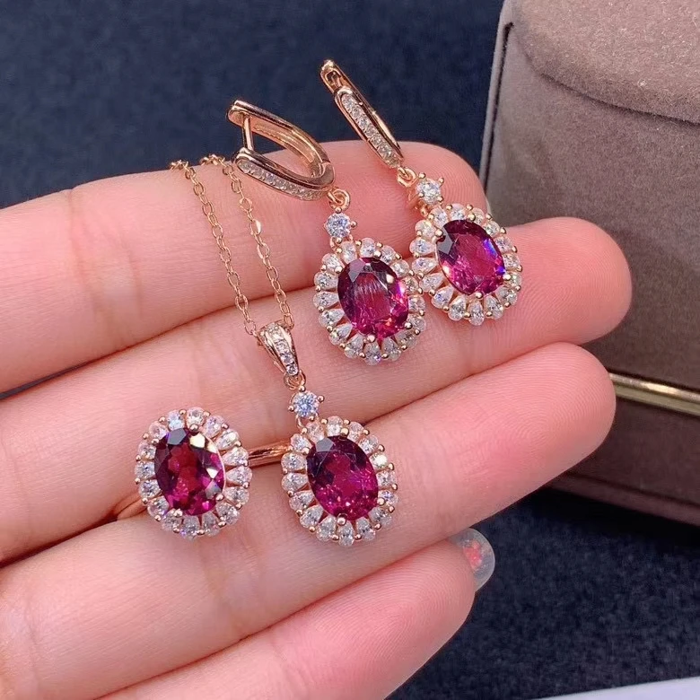 

KJJEAXCMY fine jewelry 925 sterling silver natural pyrope garnet Women's Ring Pendant Earring Set party birthday gift suppor