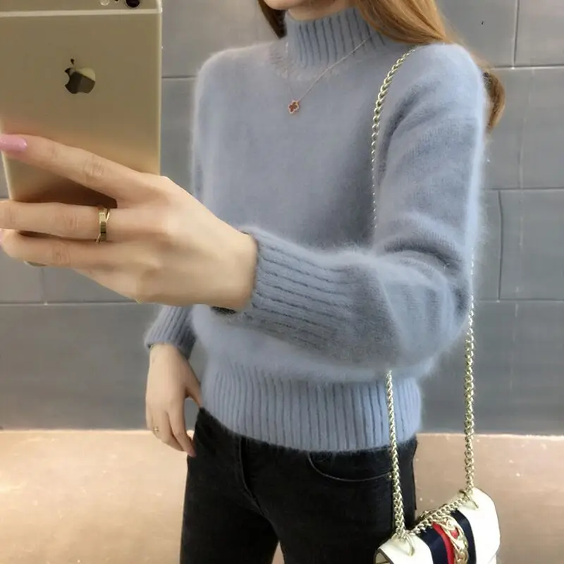 Super Warm Fluffy Mink Cashmere Soft Sweaters Women Half High Neck Pullovers 2023 Fall Winter Jumper Female Bottoming Sweater