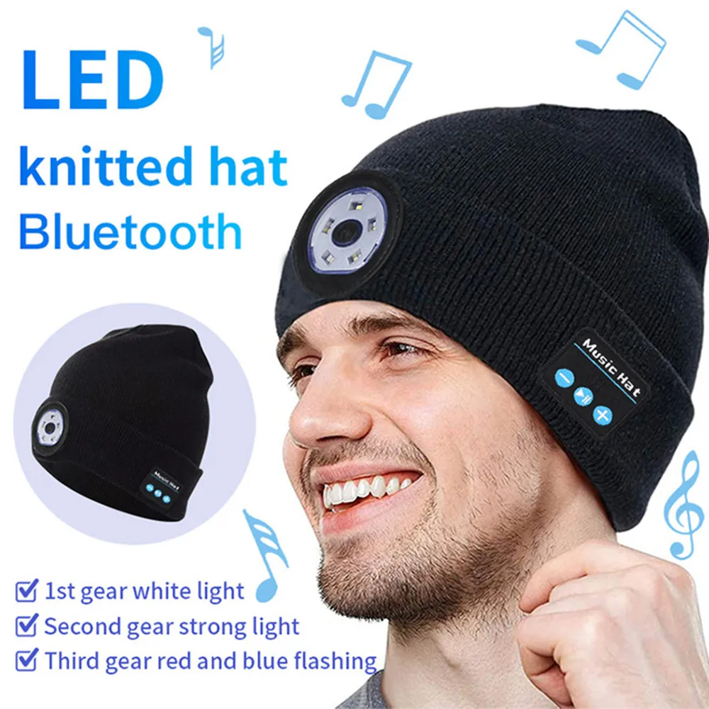 Dual stereo headphones warm hats bluetooth 5.0 headset LED lighting wireless music player dimmable light mobile phone call hat